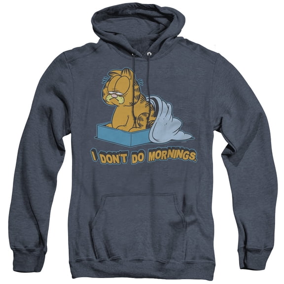 Garfield I Dont Do Mornings Adult Heather Hoodie Sweatshirt Navy
