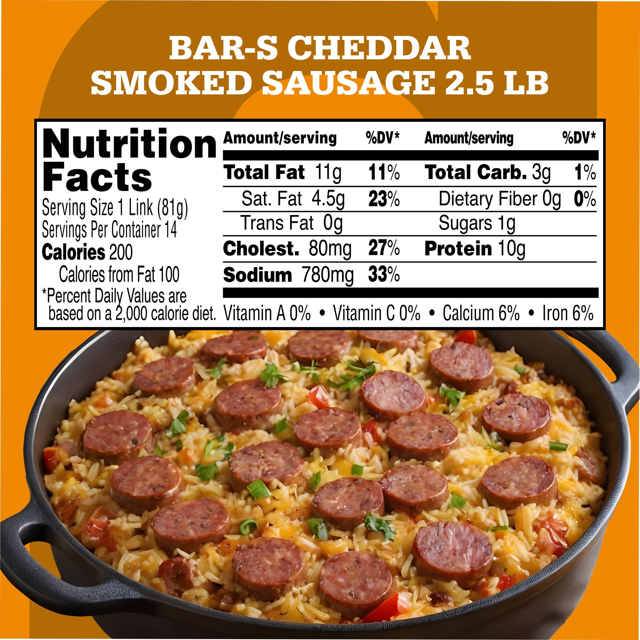 Bar‑S Cheddar Cheese Smoked Sausage, 14-Count, 2.5 lb Family Pack