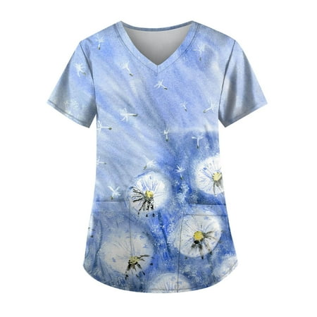 

Apepal Women Printing Short Sleeve V-neck Scrub Tops Working Pocket Blouse