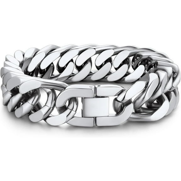 Wollet Cuban Chain Bracelet for Men Women, Stainless Steel Chunky Wristband  Width: 17mm
