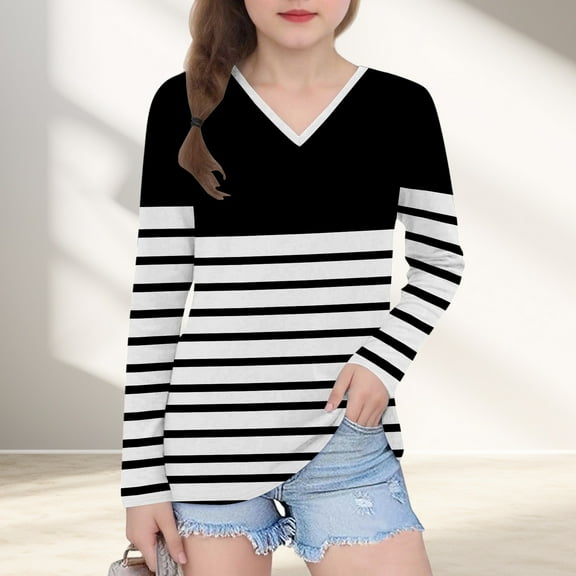 V Neck Tops for Girls Long Sleeve T Shirts Size 3-14 Teens Casual Color Block Stripe Pullover Comfort Basic Going Out Tunic Top