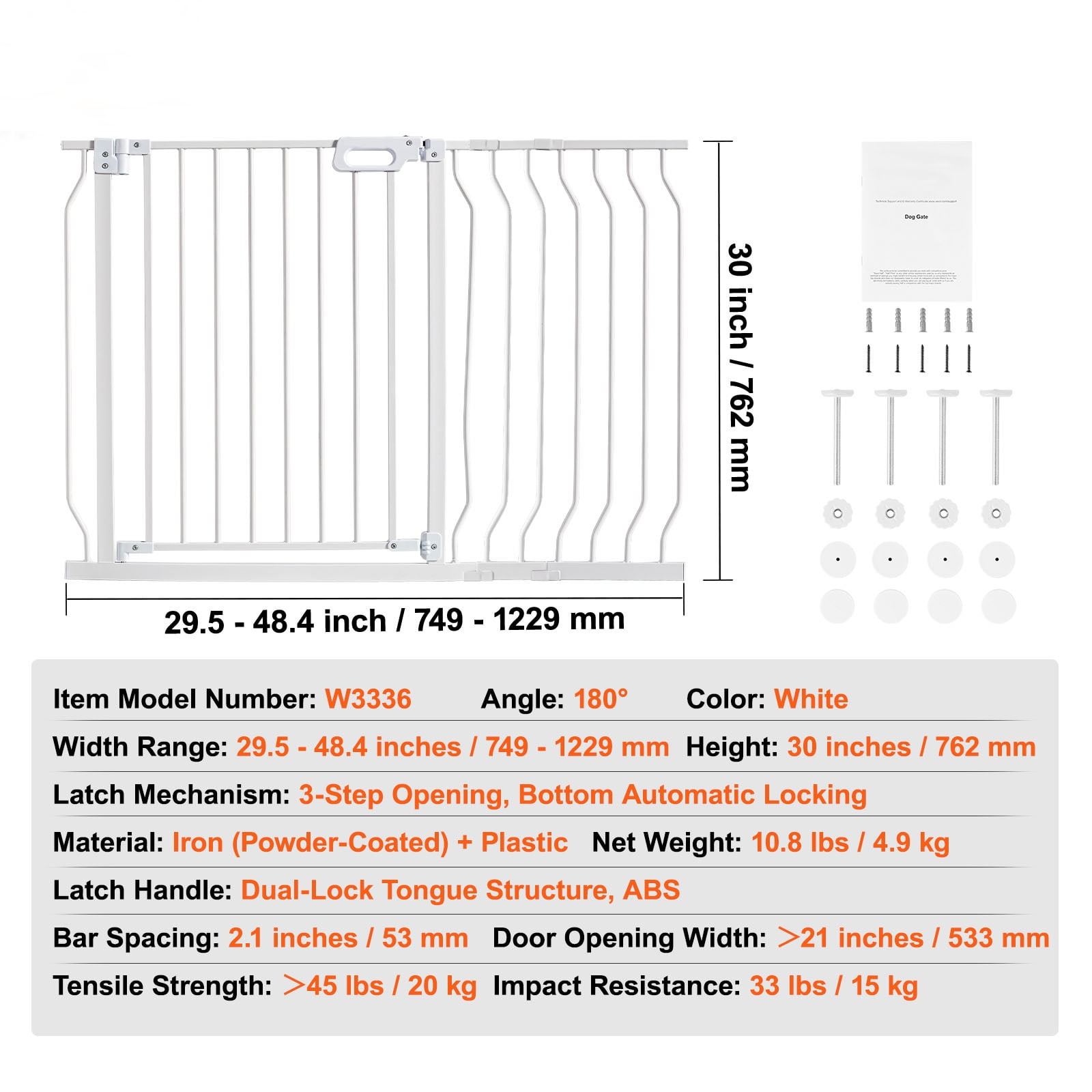 BENTISM Extra Tall Baby Gate, 30" Tall x 29.5" to 48.4" Wide, White
