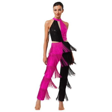 TiaoBug Women's 1970s Party Sparkly Latin Dance Dressy Jumpsuit Sequin Tassel Fringe Pants Romper Hot Pink XXL