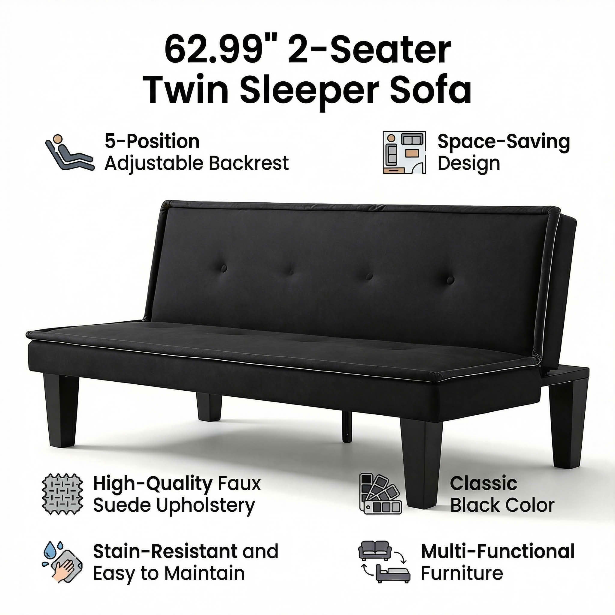 MAYEERTY 62.99" Convertible Futon Sofa Bed, Twin Size 2-Seater Sleeper Couch with 5-Position Adjustable Backrest, Faux Suede Sofa for Home Office Guest Room，Black