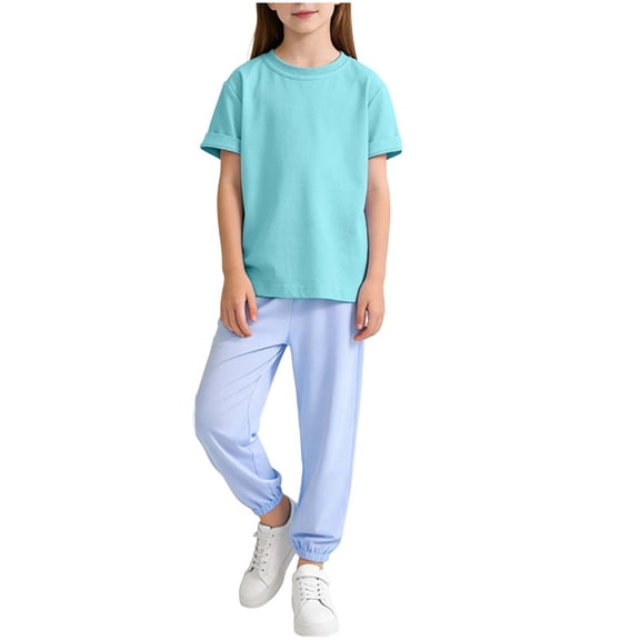 Cethrio Girls Cotton Outfit Sets, 2 Piece Short Sleeve Summer T-shirts and Joggers Sets Light Blue Size 7-8 T