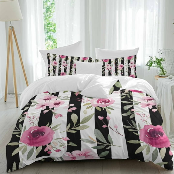 Pink Flowers Queen Size Comforter Set, Floral Leaves Black White Stripes Watercolor Bedding for All Seasons, 4 Pcs Bed Set, 1Quiltcover (90"x92") ,1Sheet(94"x116"), 2Pillowcases (30"x20")
