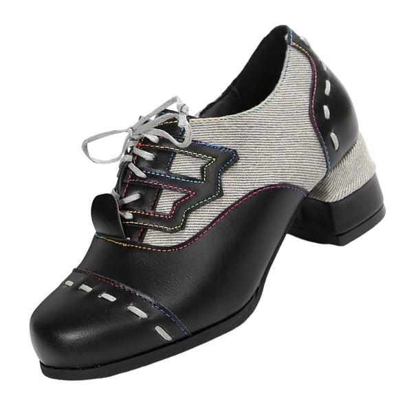 HomeDM Women's Mary Jane Heels Closed Round Toe Color Block Chunky Block Heel Dressy Pumps, Black Size 5.5
