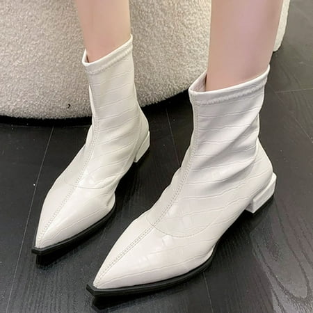 

Gubotare Boots For Women Ankle Booties Women s Slip on Ankle Boot Western Almond Round Toe Low Heel Elastic Chelsea Bootie White 6.5