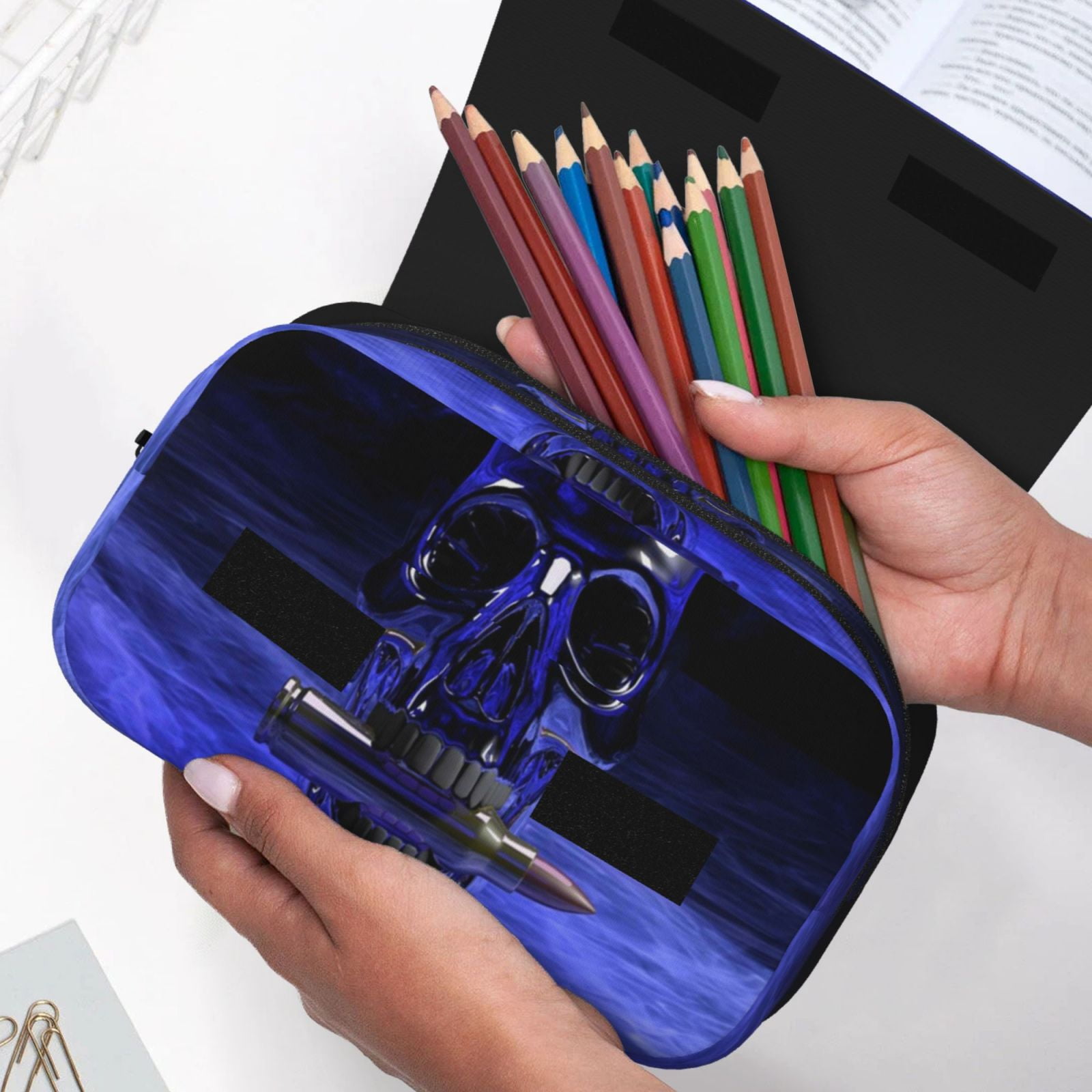 Rateoe Steel Skull Pattern Double Clamshell Pen Case, Storage Organizer with Two Zipper Compartments– Holds Up to 50 Pencils & Pens