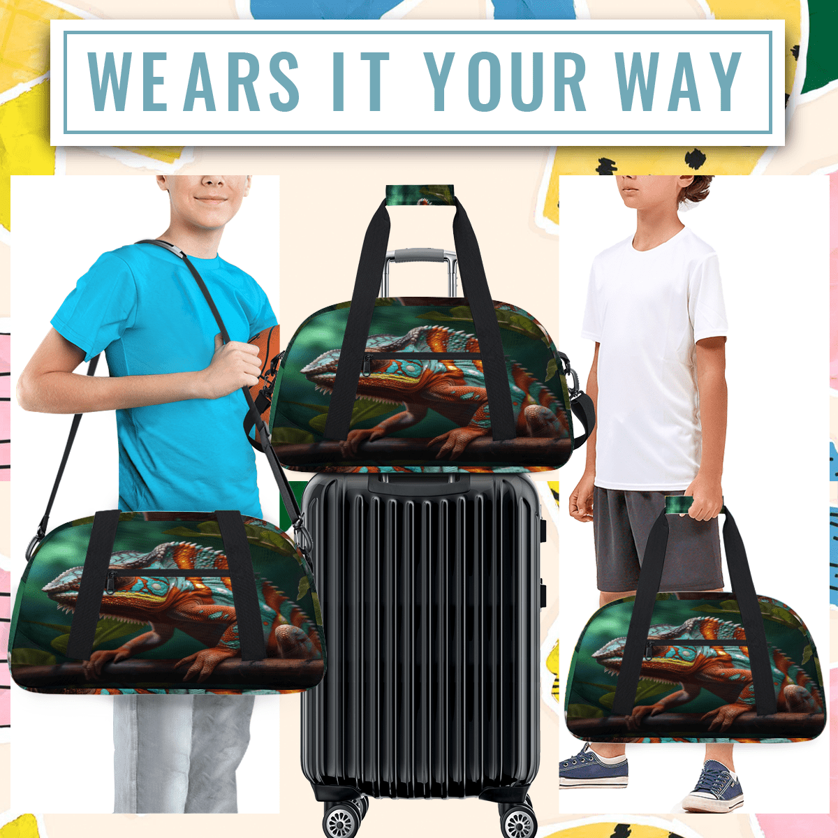Herdesigns Sports Duffle Bags Travel Duffle Bag Gym Bag Jungle Lizard Weekender Travel Bag Waterproof Overnight Bag Carry On Travel Tote Bag Dance Bags