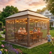 COOS BAY 11x11 Pop-Up Instant Gazebo Tent with Mosquito Netting Outdoor Canopy Shelter with 121 Square Feet of Shade, Beige