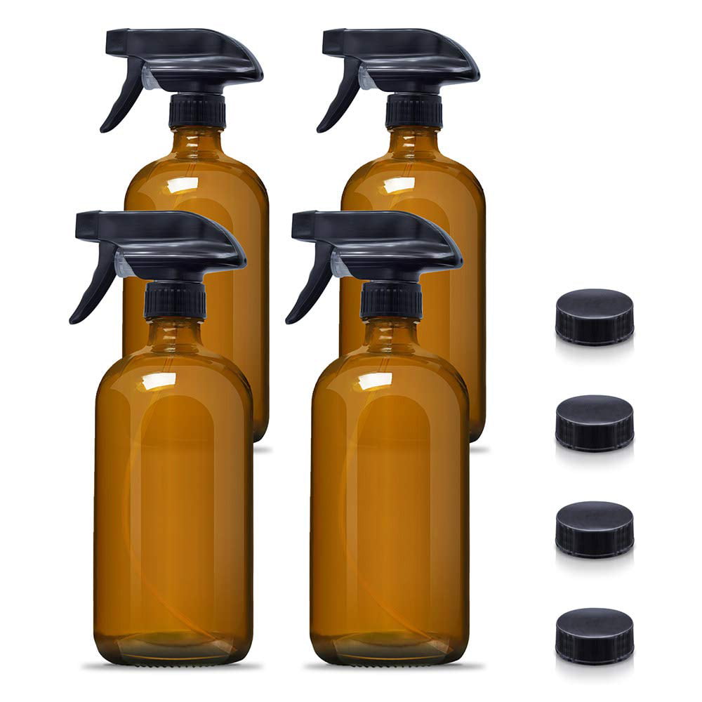 Cleaning Products or Aromatherapy 2 Pack 2 Refillable Trigger Sprayers and 2 Durable Caps 16oz Glass Spray Bottles with Funnel and Labels - Empty Refillable Container for Essential Oils Amber