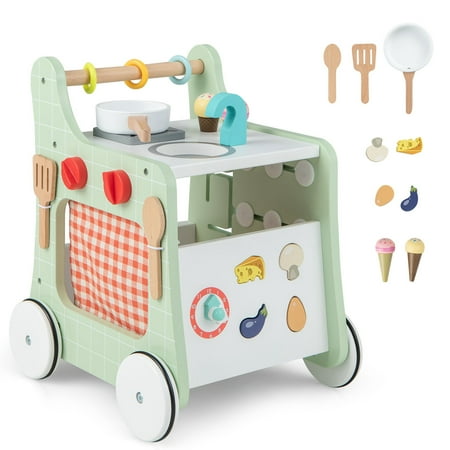 Costway 6-in-1 Baby Push Walker Wooden Strollers Learning Activity Center Toy with Kitchen 12+ months+ Green