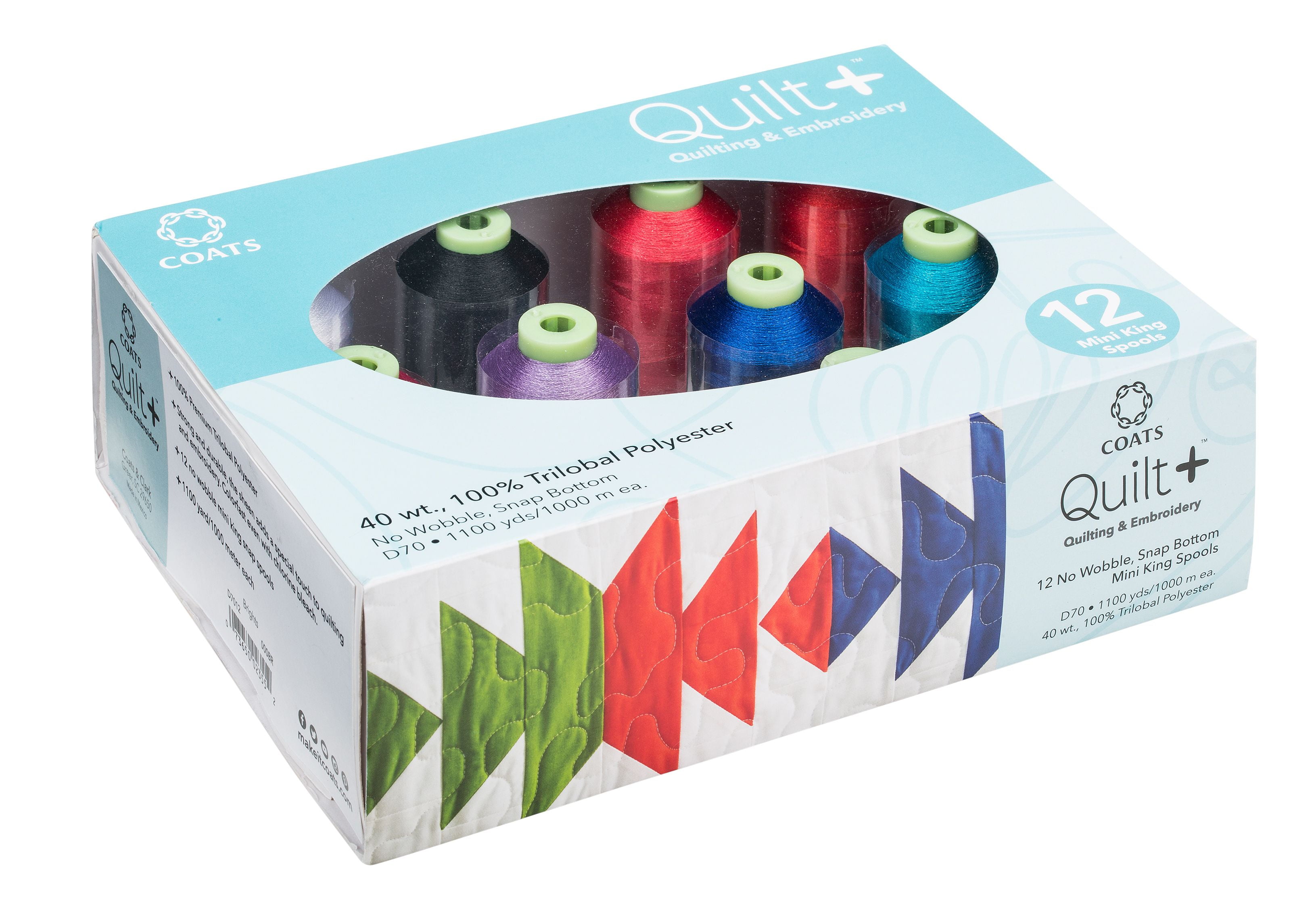 Coats & Clark™ Quilt+ Quilting Embroidery Polyester Thread Assorted Bright Colors, 12 Spool, 1100 Yard Size 40
