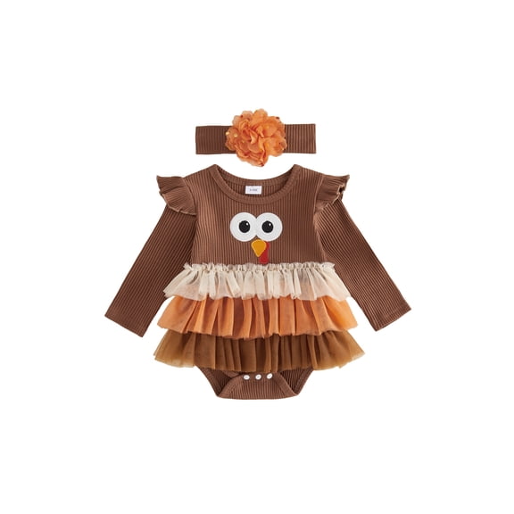 RUINIXCW Newborn Baby Girl Thanksgiving Outfit Fall Winter Turkey Romper Dress Clothes Long Sleeve Ruffled Tulle Patchwork Bodysuit Playsuit with Headband