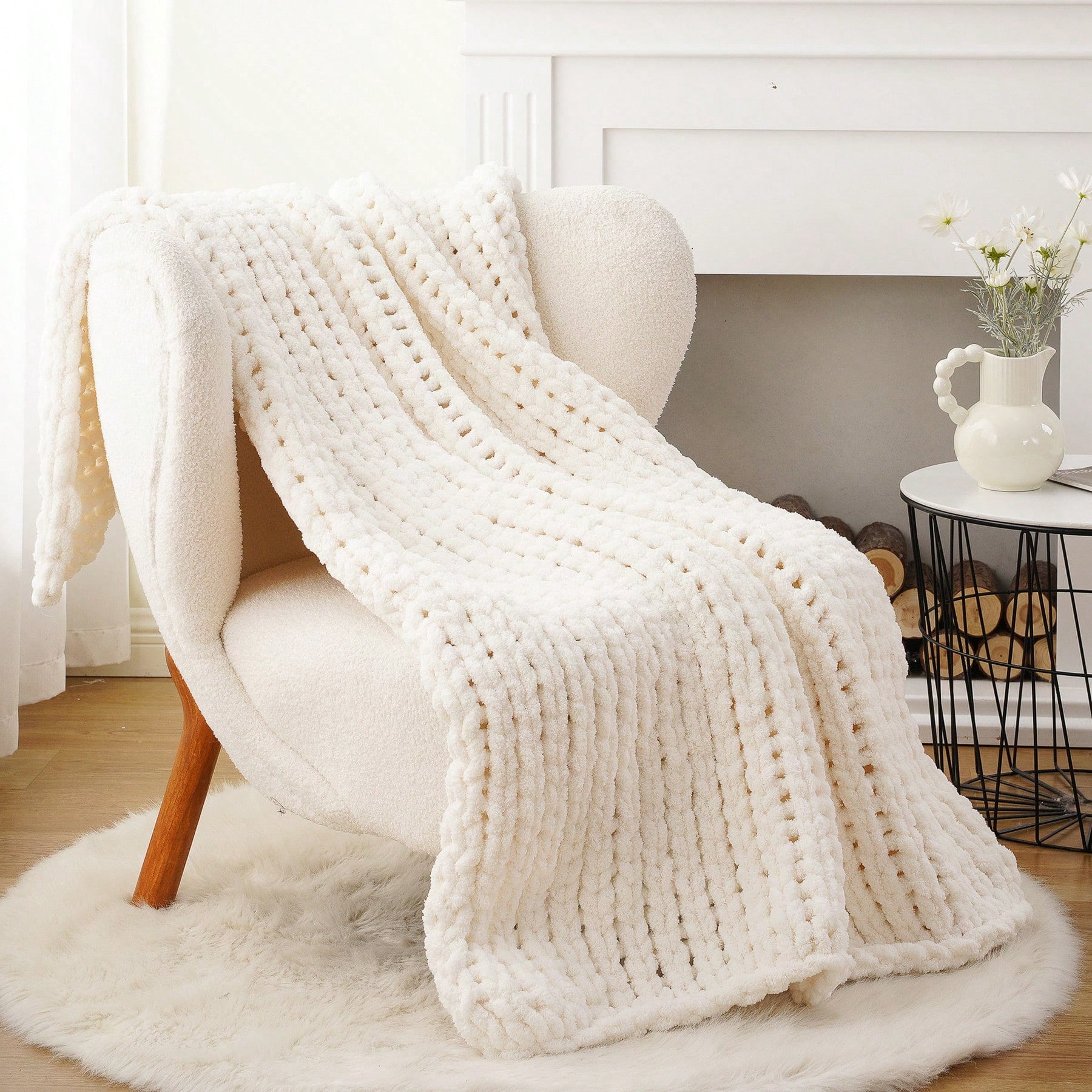 Battilo Cream Chunky Knit Throw Blanket,White Thick Chenille Throw Blankets for Living Room,50"x60"