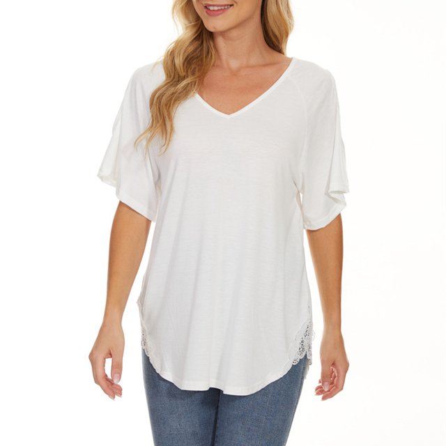 Mujer Hombro Frío Top Cuello En V Manga Con Volantes Color Puro Transpirable Encaje Patchwork Dobladillo Camisa Casual Blanco S
