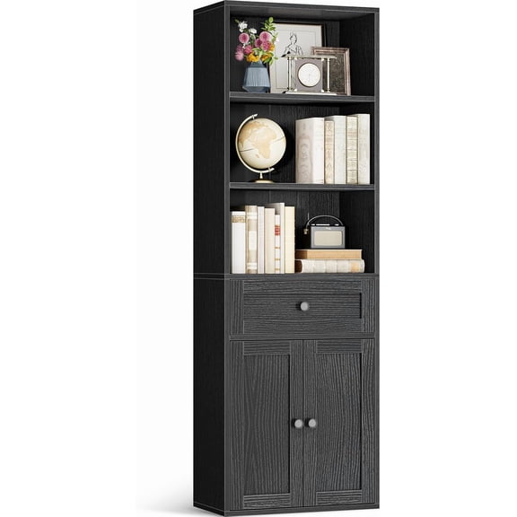CZMDZH Book Shelf & Bookcase with Doors and Drawer, 6-Tier Tall Bookshelf, Floor Standing Display Storage Shelves for Home Office, Living Room, Black