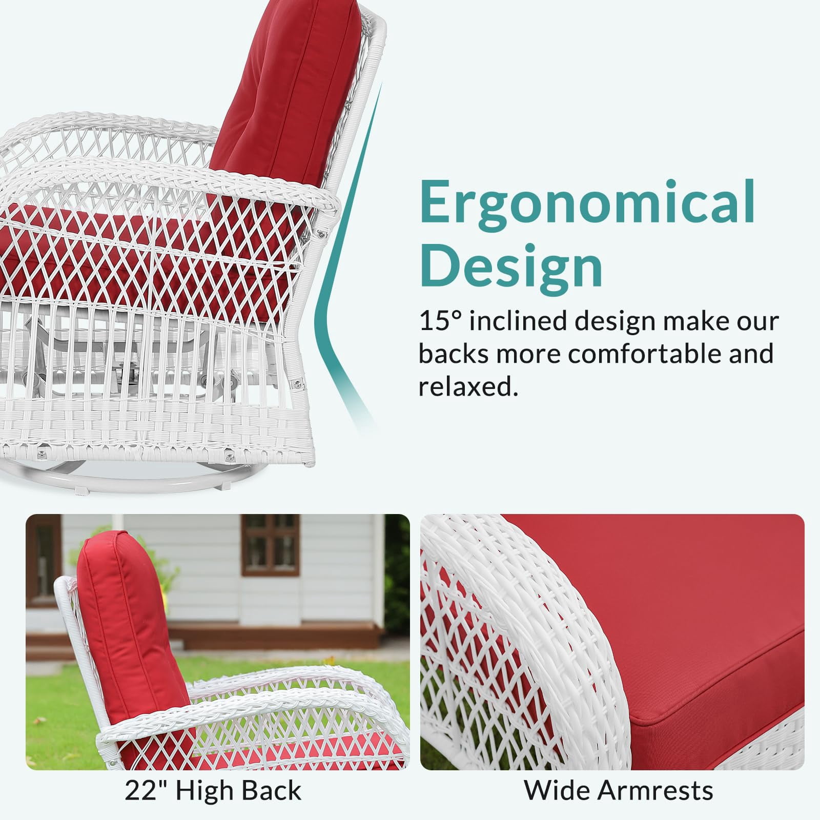 MEETWARM 3 Pieces Outdoor Wicker Swivel Rocker Patio Set, Rocking Chairs Rattan Patio Furniture Sets with Thickened Cushion and Glass-Top Coffee Table, Conversation Bistro Set, White Wicker/Red