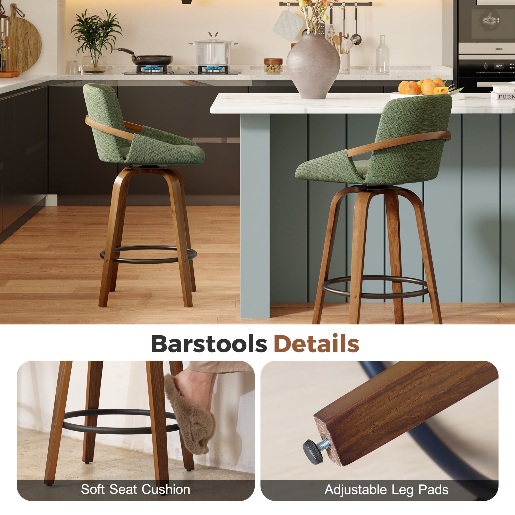 JULY'S SONG 26" Swivel Counter Height Bar Stools with Back Sets of 2, Mid Century Barstools with Wooden Legs, Green