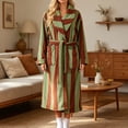 thumbnail image 2 of Virmaxy Striped Plush Bathrobe Women Long Sleeve Fleece Robe with Pockets Belted Housecoat Warm Winter Spa Loungewear Dressing Gown Army Green, 2 of 6