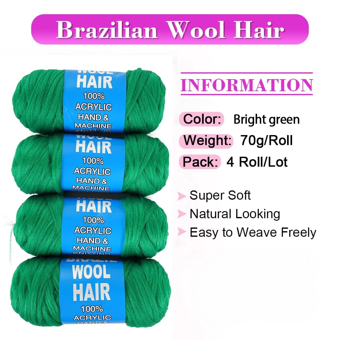 Kiibsot 1/4/8 Rolls 100% Brazilian Wool Hair Acrylic Yarn for African Braids/Senegalese Twist/Faux Locs/Wraps