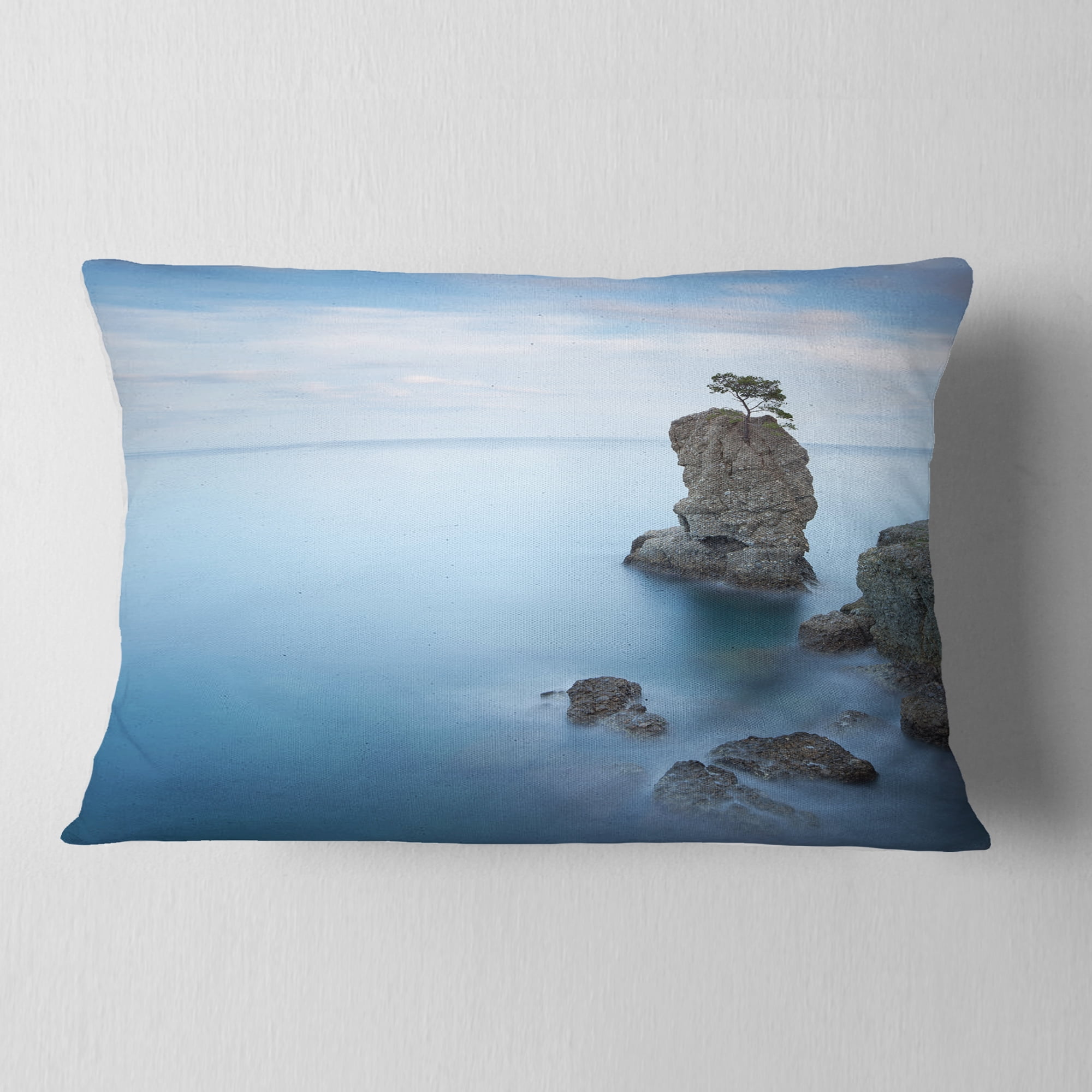 Designart Pine Tree Rock At Portofino Park - Beach Photo Throw Pillow - 12x20