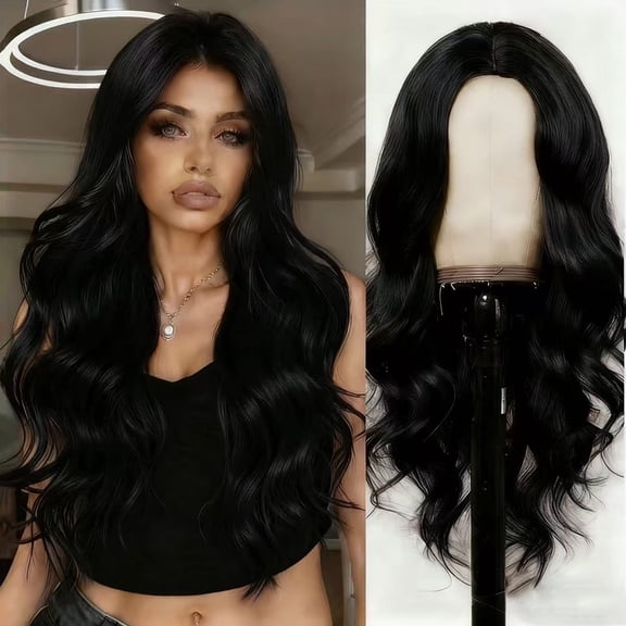 XIEANDKONG 28 Inch Long Wavy Curly Wig Middle Part, No Bangs Synthetic Fiber for Women