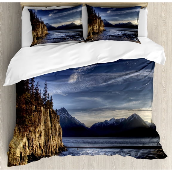 Alaska King Size Duvet Cover Set, Beach on the Turnagain Arm near Hope Alaska Photography with Wavy Sea and Sunset, Decorative 3 Piece Bedding Set with 2 Pillow Shams, Multicolor, by Ambesonne