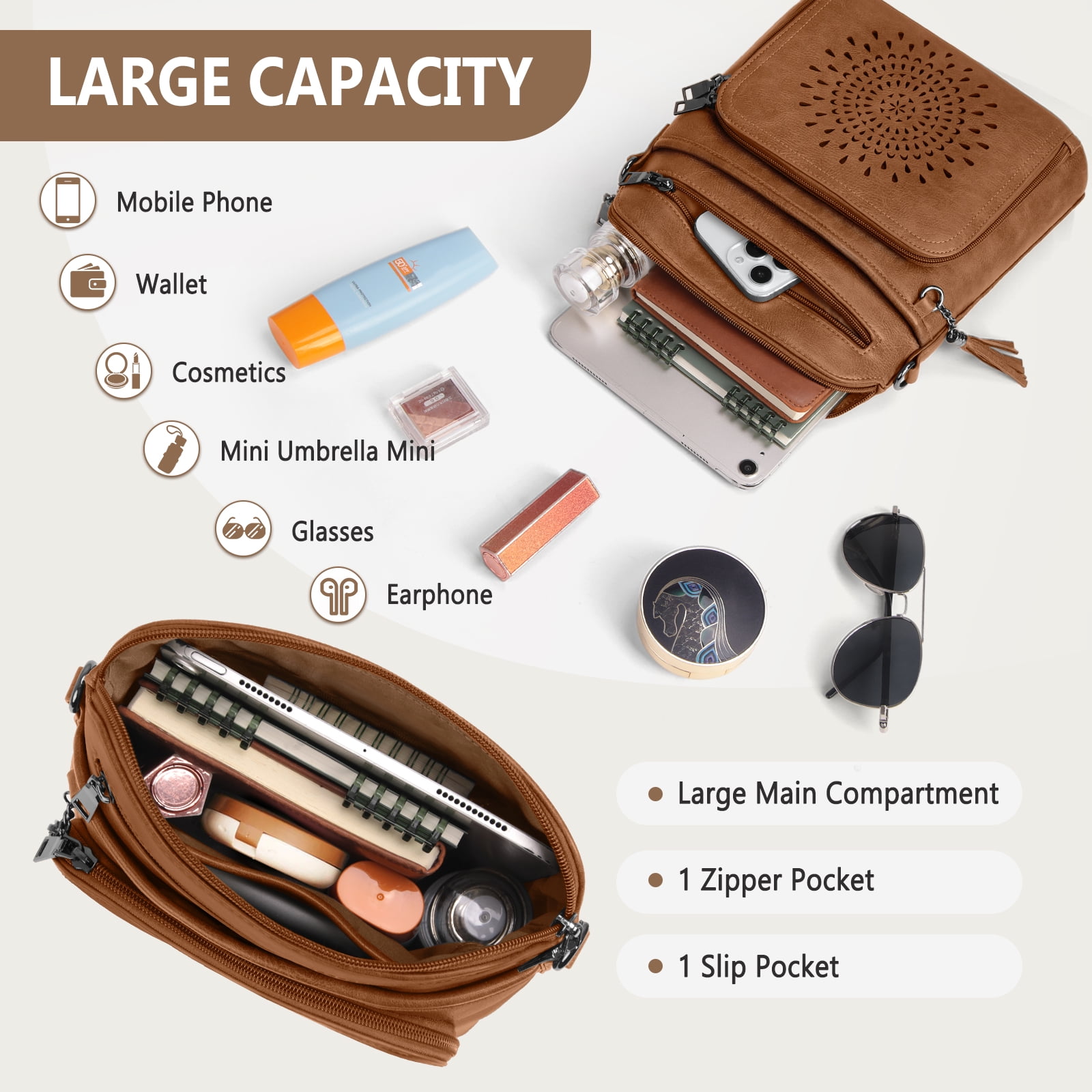 RAINSMORE Crossbody Bags for Women Leather Crossbody Purse Designer Womens Shoulder Handbags Trendy Cross Body Purse,Brown
