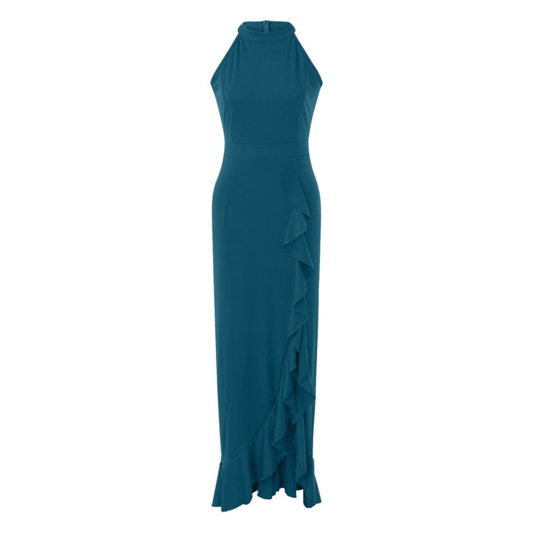 FINALGANG Women's Solid Color Sleeveless Maxi Dress Turtleneck Asymmetric  Ruffled Hem High Slit Dress Formal Party Prom Daily Dress