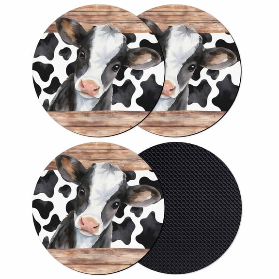 Cow Printed Coasters Set of 4, Absorbent Coasters for Drinks, Farmhouse Watercolor Country Wooden Grain Coaster for Desk Coffee Table Protection, Home Decor House Warming Gifts 4"