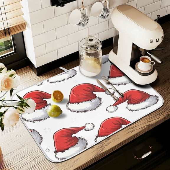 Yayeee Dish Drying Mat for Kitchen Counter 16" x 18" Microfiber Super Absorbent Coffee Decorative Pad, Red Santa Hats Pattern
