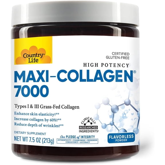 Country Life Maxi-Collagen 7000 Powder - Verisol Bioactive Collagen Peptides, Vitamin C, A & Biotin, 4,500 mg Types I & III Grass-Fed Collagen - Supports Skin, Hair, Nails & Joint Health, 7.5 oz