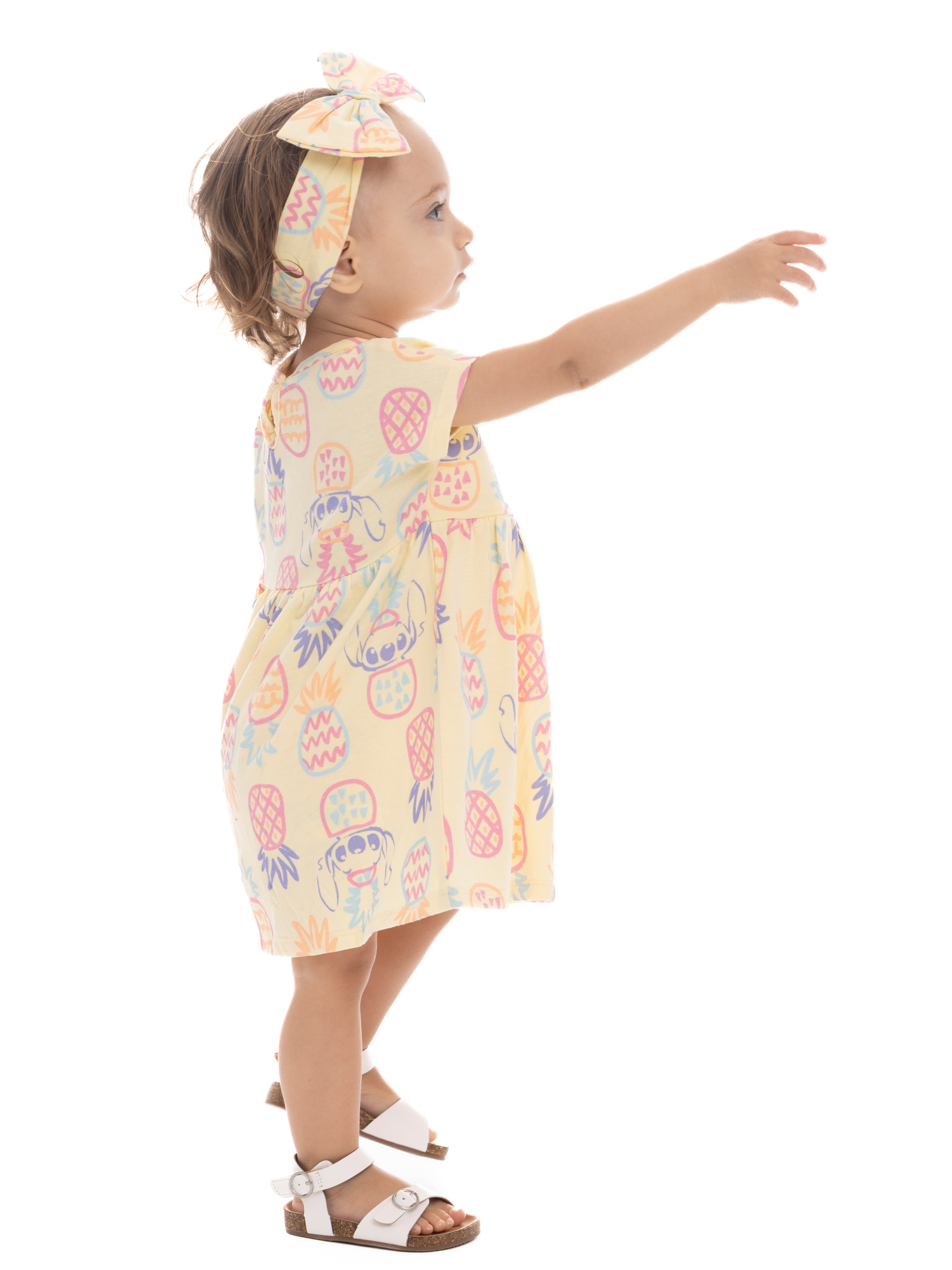 Stitch Baby Girl Allover Print Dress and Diaper Cover with Matching Bow Headband, Sizes 0/3M-24M