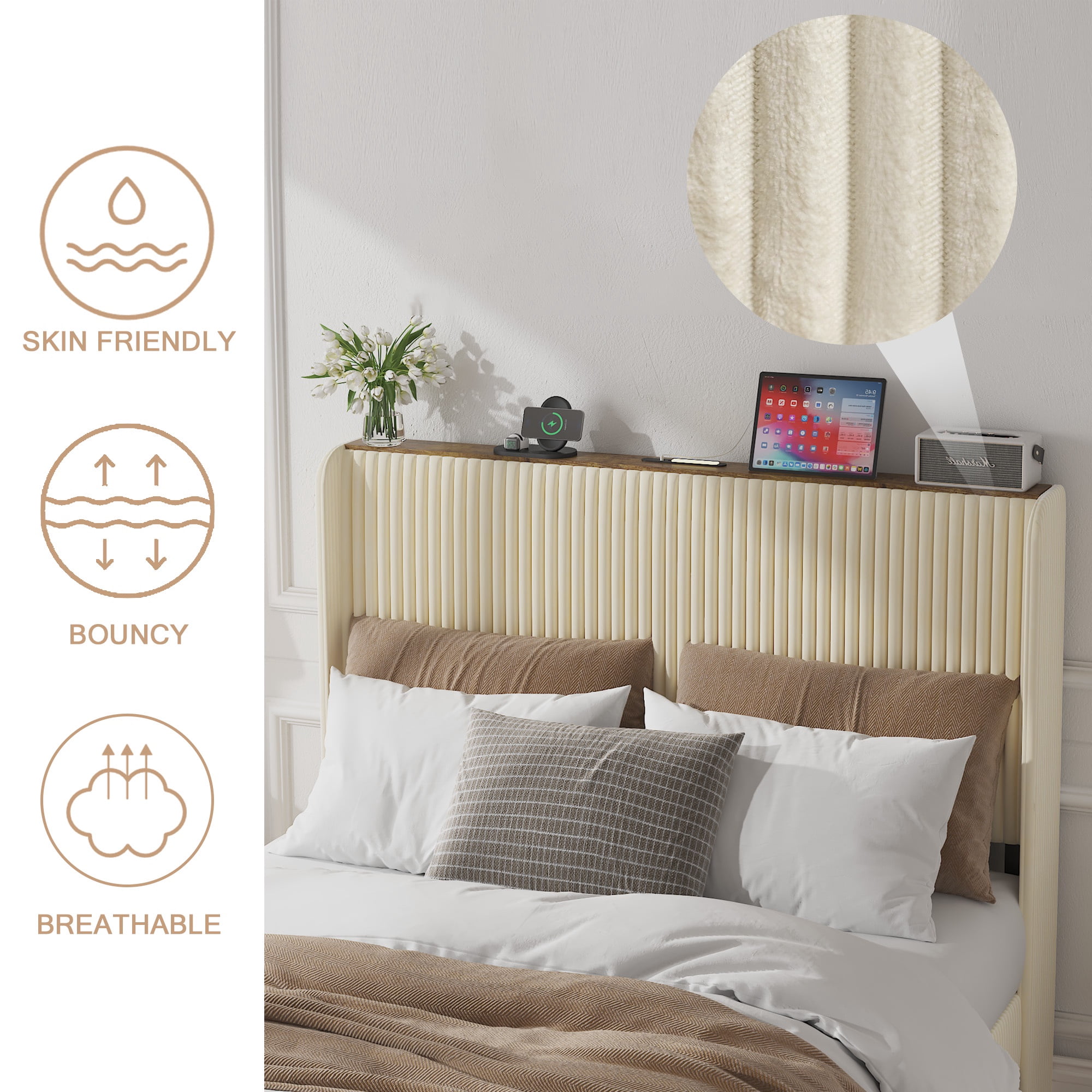PORKISS Full Bed Frame with Storage Headboard, LED Lights & USB/Type-C Charging Station, Cream White Upholstered Platform Bed Frame, Heavy-Duty Metal Slats, No Box Spring Needed