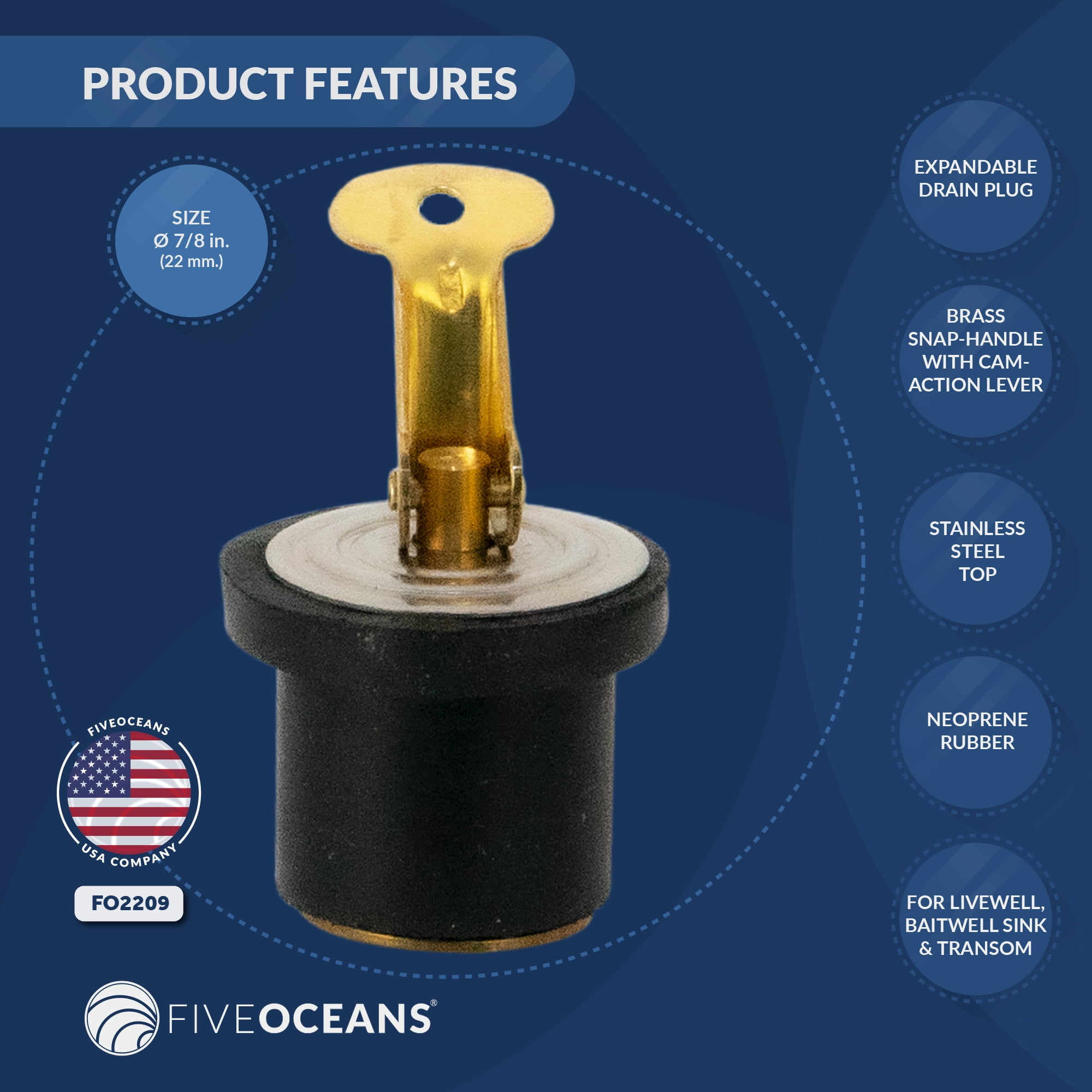 Five Oceans Boat Plug, Livewell Bailer Drain Plug, For 7/8-Inch Diameter  Drains, Locks in Place, Brass Handle, Rubber Plug - FO2209, image size:2000x2000