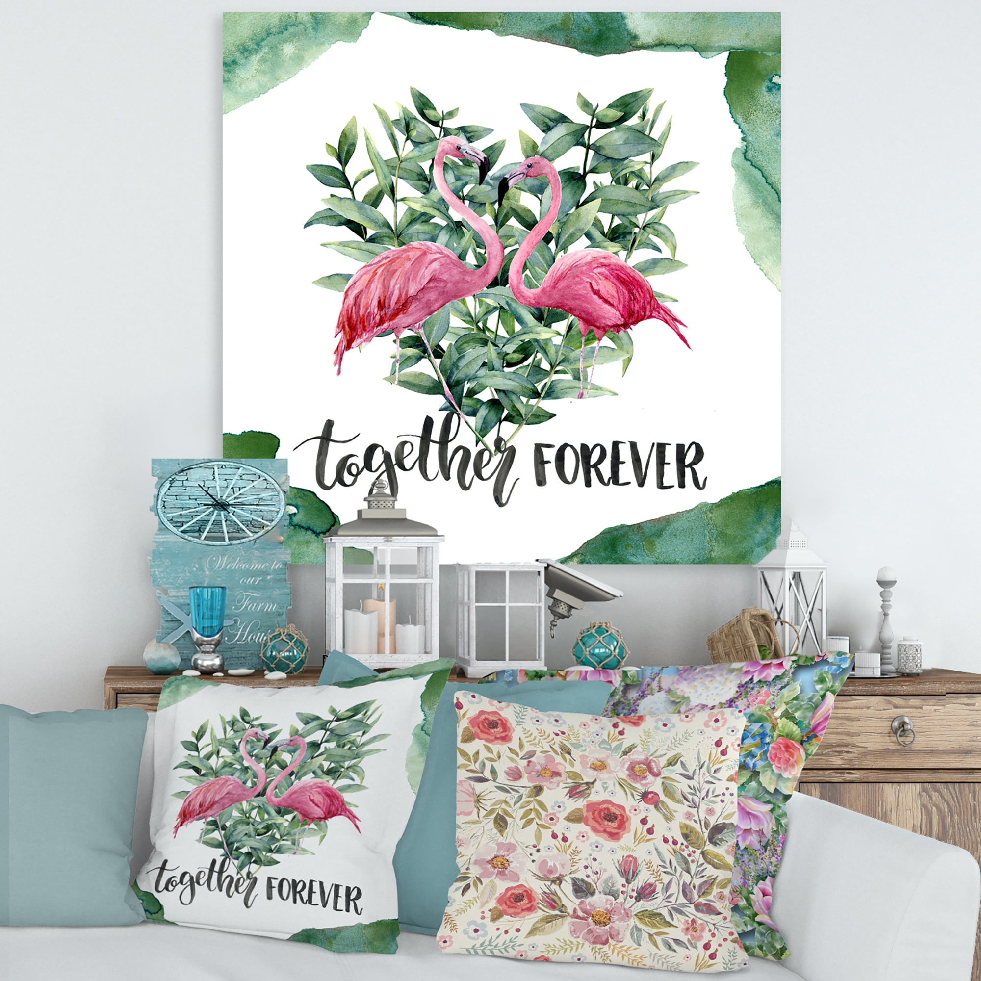 Designart ' Eucalyptus Leaves With Flamingo Floral Heart ' Traditional Canvas Wall Art Print