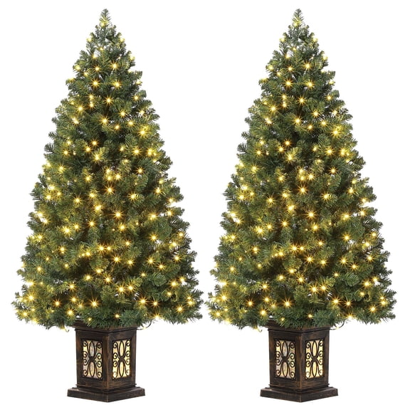 2PCS 4.5FT Pre-Lit Artificial Christmas Trees, 300 LED 8-Mode Potted Xmas Trees with Nine-Headed Bird Light Boxes (US Plug)