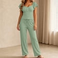 thumbnail image 4 of sdhkgrrt Women's 2 Piece Pajama Set Square Neck Ruffle Sleeve Pullover Wide Leg Pants Matching Lounge Outfit Casual Solid Sleepwear Comfy Fall Winter Tracksuit, Green M, 4 of 8