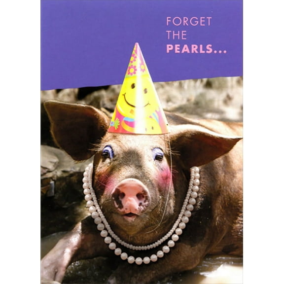 Designer Greetings Pig Wearing Makeup, Pearls and Party Hat Funny / Humorous Birthday Card