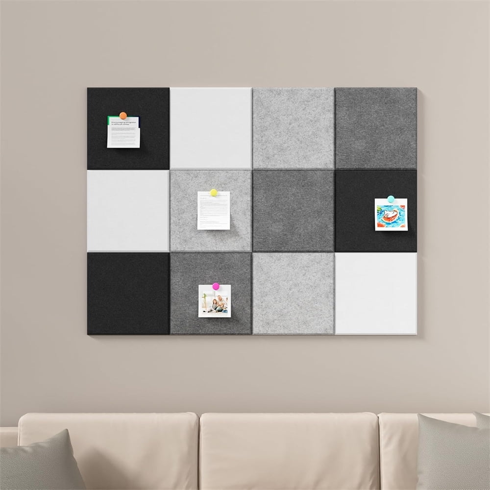 Yahome 12Pcs Felt Bulletin Board Each 12 Inch Self Adhesive Felt Wall Tiles with Pushpins for Office Wall Decor Push Pin Board Wall Home Office (White)