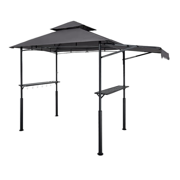 8x5ft BBQ Gazebo Canopy Metal Grill Shelter Double Tiered Top w/ Shelf & Awning