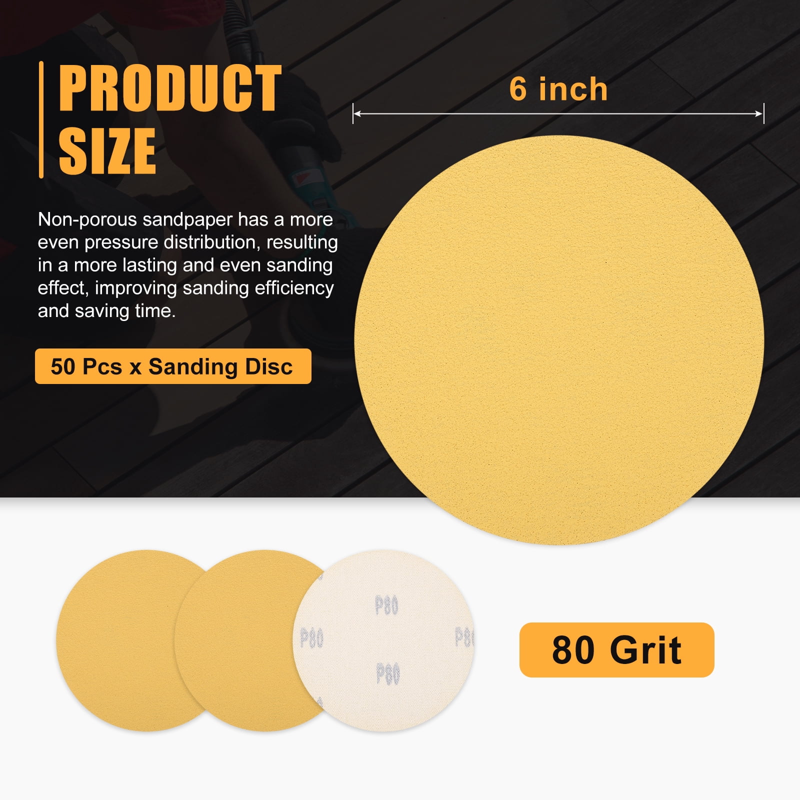 50 Pcs 6 Inch Sanding Disc 80 Grit Round Hook and Loop Sandpaper Fit for Random Orbital Sander or Automotive Car Repairing, Grinding and Polishing, Yellow