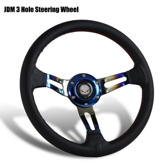 Stay Tuned Performance 350MM Titanium Blue Red Stitched Black Leather 3-Spoke Racing Steering Wheel