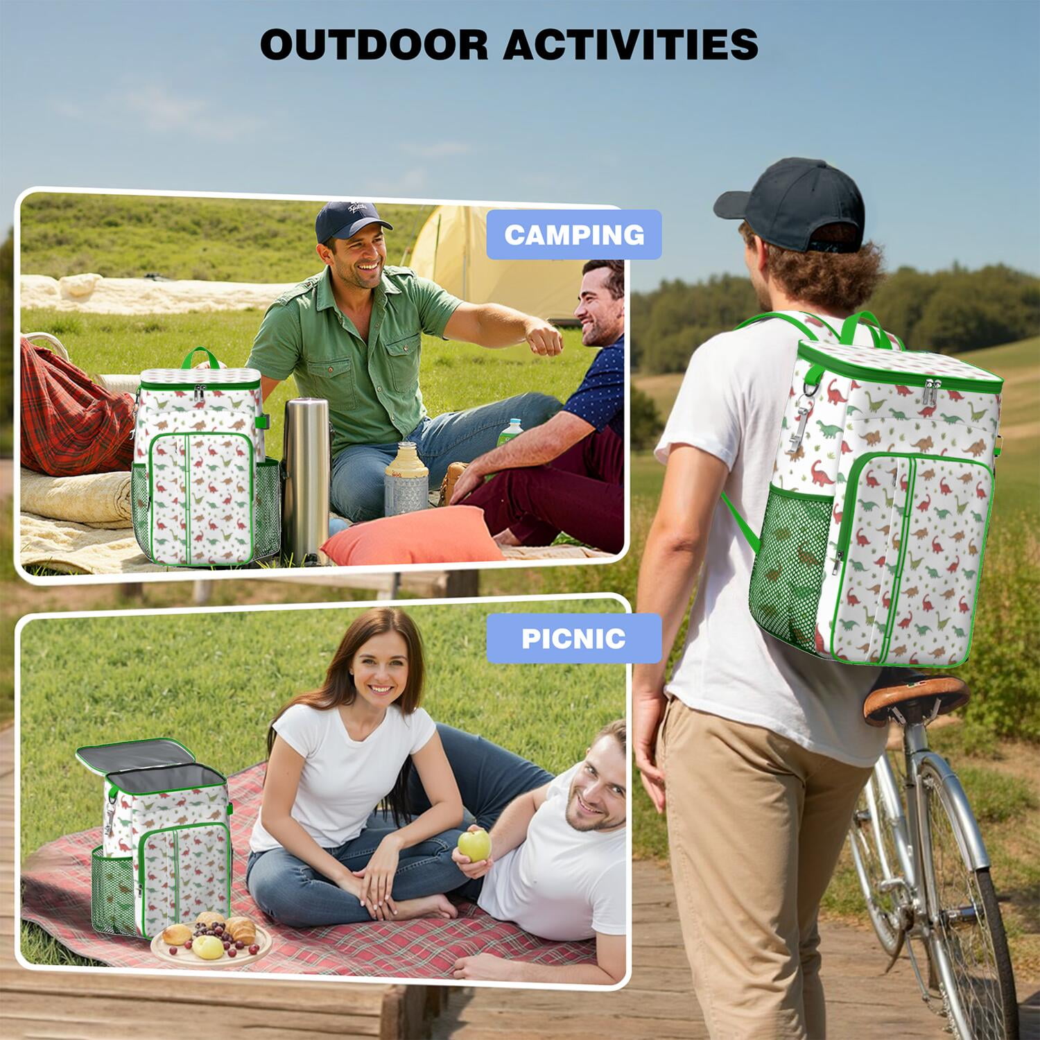 Travel Cooler Bag - White Cartoon Dinosaurs Leaves Pattern Camping Beer Cooler Backpack with Bottle Opener- Waterproof Insulated Picnic Backpacks - Cooler Bag for Beach