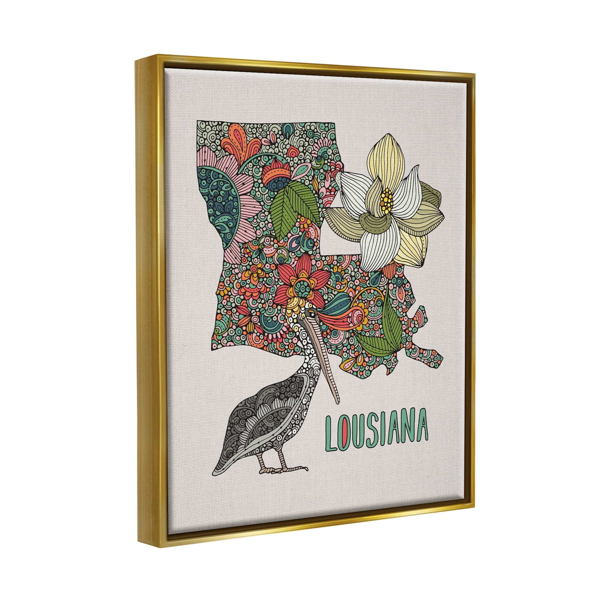 Stupell Industries Blooming Louisiana Magnolia State Pelican Intricate Patterns Graphic Art Metallic Gold Floating Framed Canvas Print Wall Art, Design by Valentina Harper