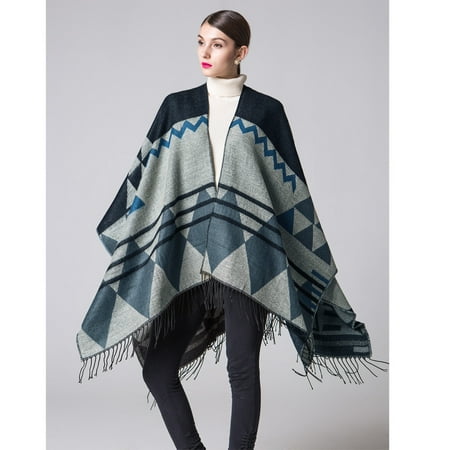 - Women Knitted Shawl Poncho Faux Cashmere Geometric Pattern Tassel Oversized Long Bohemia Cape