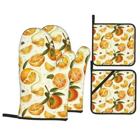 

Oven Mitts and Pot Holders Sets 4 pcs - Cute Orange Honey Bee Heat Resistant Silicone Oven Gloves with Non-Slip Silicone Surface and hot pads for kitchen Baking Cooking BBQ