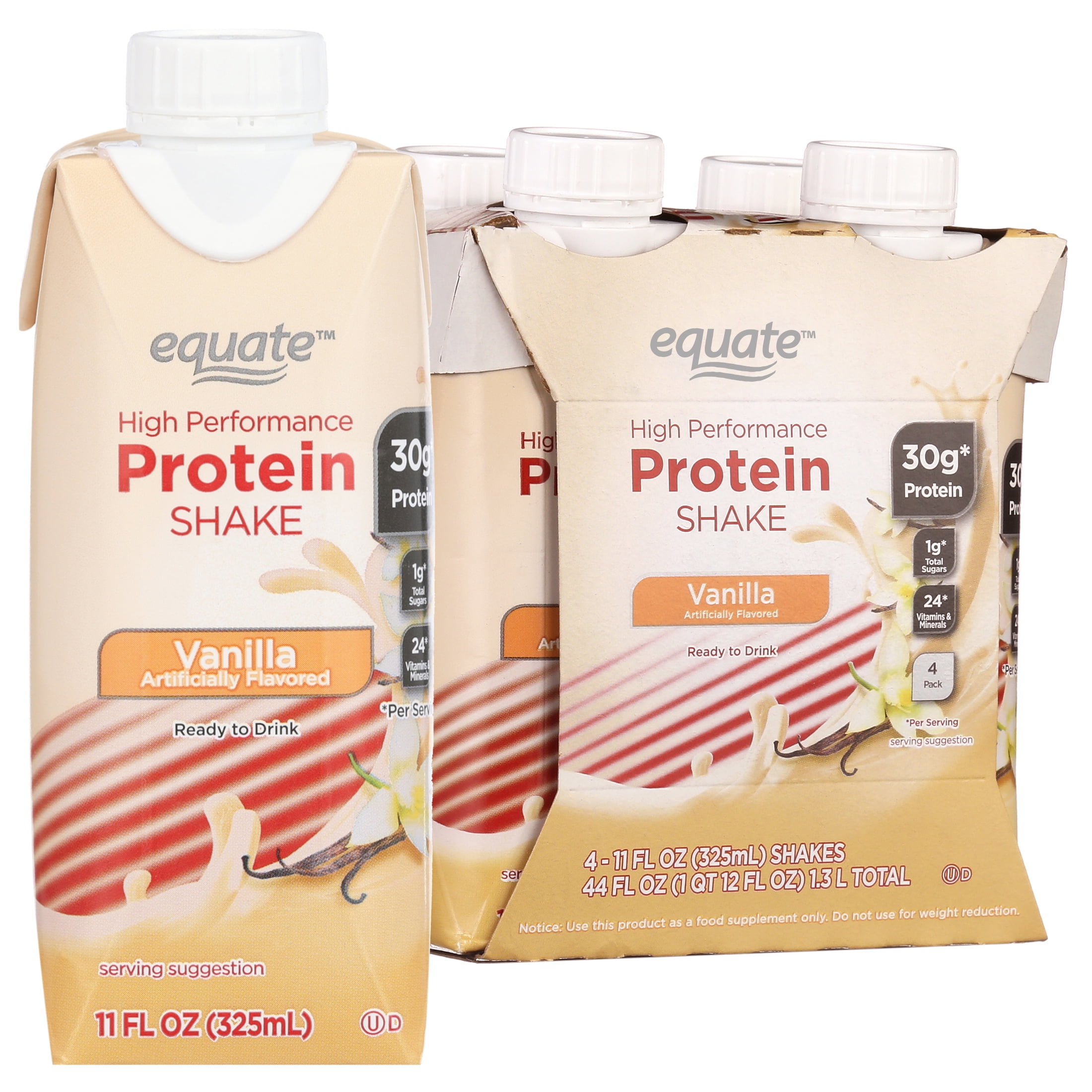 Equate High Performance Protein Shake, Vanilla, 30g Protein, 11 fl oz, 4 Count